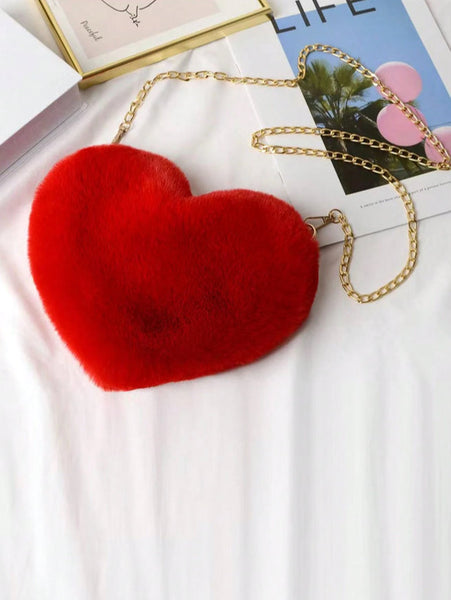 Cute Heart-Shaped Fluffy Crossbody Bag with Bonus Earrings & Keychain (3 Color Choices)