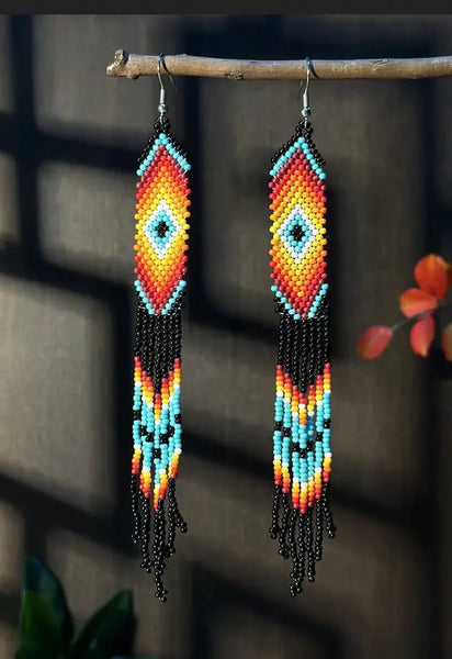 Boho-Chic Aztec Beaded Long Tassel Earrings
