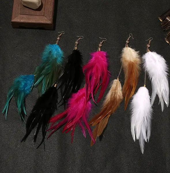 Boho Chic Long Dangle Feather Earrings -5 Color Choices