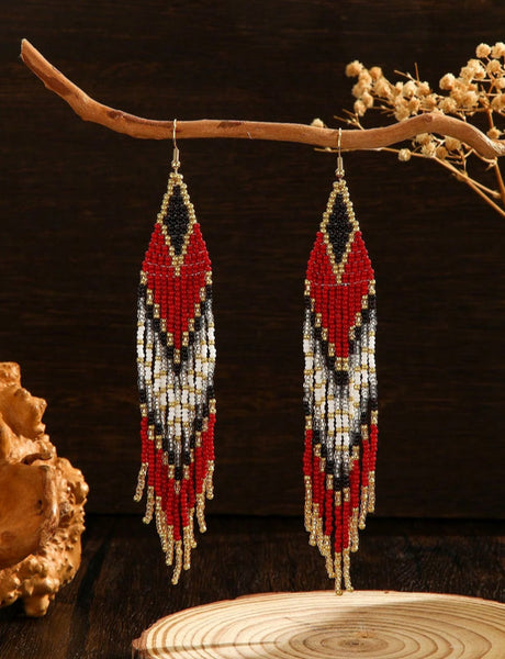 Boho-Chic Black & Red Beaded Long Tassel Earrings