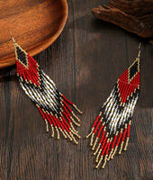 Boho-Chic Black & Red Beaded Long Tassel Earrings