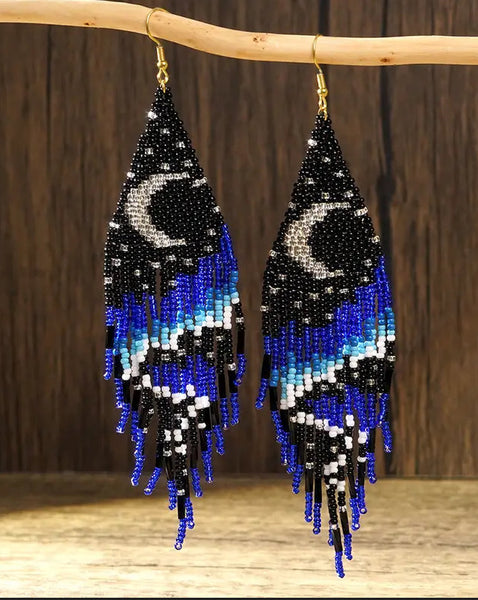 Bohemian Stylish Moon & Stars Beaded Tassel Earrings