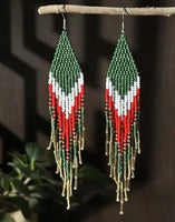 Boho-Chic Olive Green Beaded Long Tassel Earrings