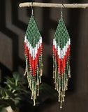 Boho-Chic Olive Green Beaded Long Tassel Earrings