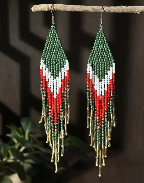 Boho-Chic Olive Green Beaded Long Tassel Earrings