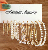 Set of 5 Pearl Hoop Earrings or Pearl & Rhinestone Wrap Bracelet (Goldtone)