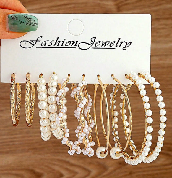 Set of 5 Pearl Hoop Earrings or Pearl & Rhinestone Wrap Bracelet (Goldtone)