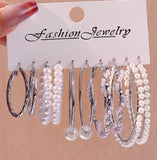 Set of 5 Pearl Hoop Earrings or Pearl & Rhinestone Wrap Bracelet (Silvertone)