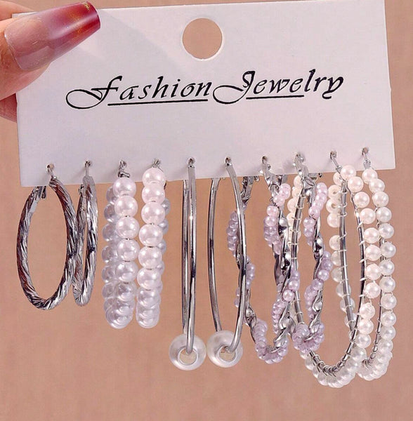 Set of 5 Pearl Hoop Earrings or Pearl & Rhinestone Wrap Bracelet (Silvertone)