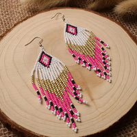 Boho-Chic Pink & White Beaded Long Tassel Earrings