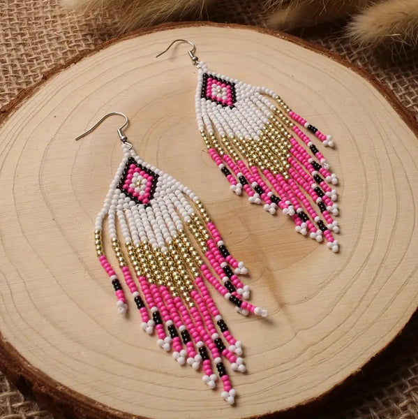 Boho-Chic Pink & White Beaded Long Tassel Earrings