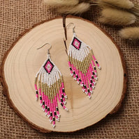 Boho-Chic Pink & White Beaded Long Tassel Earrings