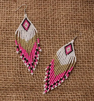 Boho-Chic Pink & White Beaded Long Tassel Earrings