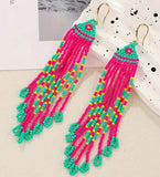 Bohemian Pink & Green Beaded Tassel Earrings
