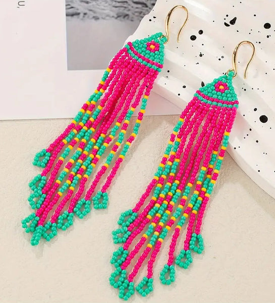 Bohemian Pink & Green Beaded Tassel Earrings