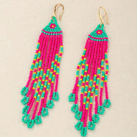 Bohemian Pink & Green Beaded Tassel Earrings
