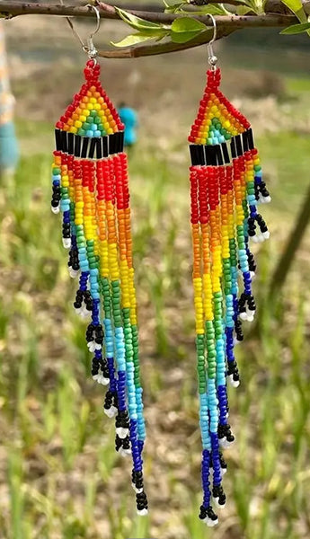 Boho-Chic Rainbow Beaded Long Cascading Tassel Earrings