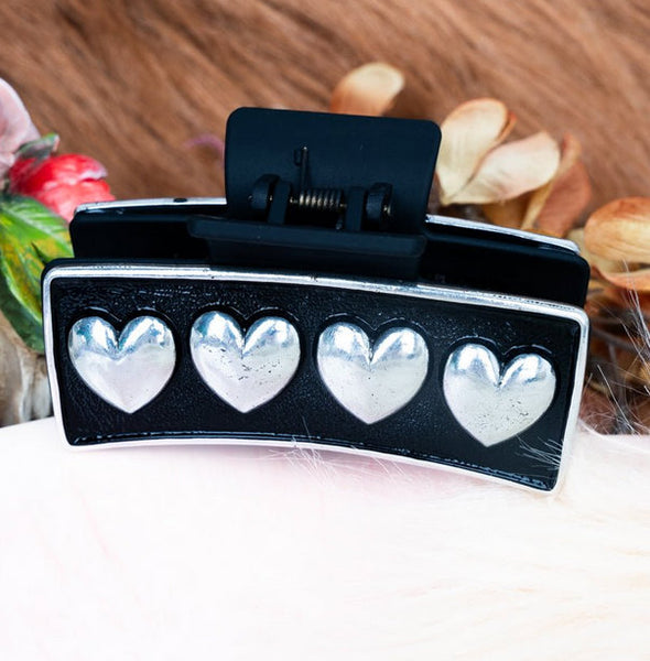 Petra Silvertone Puff Heart and Black Hair Claw