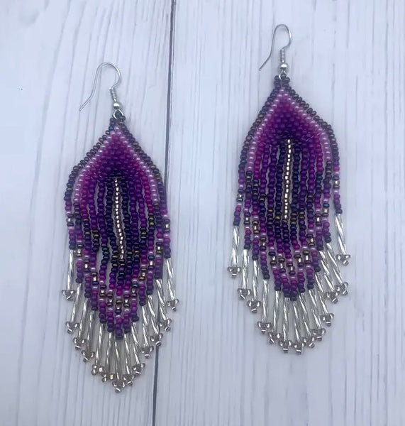 Boho-Chic Purple Beaded Long Tassel Earrings