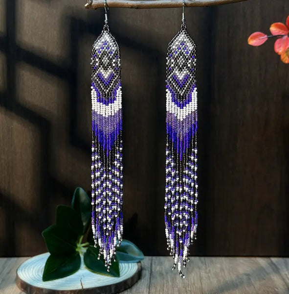 Boho-Chic Purples Beaded Long Tassel Earrings