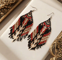 Boho-Chic Red & Black Beaded Long Tassel Earrings