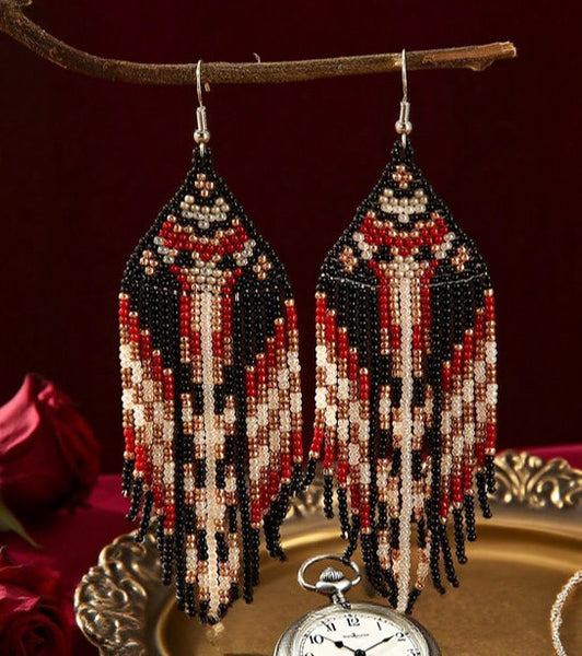 Boho-Chic Red & Black Beaded Long Tassel Earrings