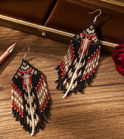 Boho-Chic Red & Black Beaded Long Tassel Earrings
