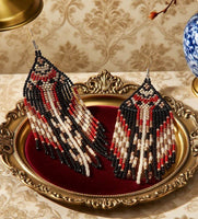 Boho-Chic Red & Black Beaded Long Tassel Earrings