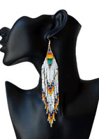 Boho-Chic White Beaded Long Tassel Earrings