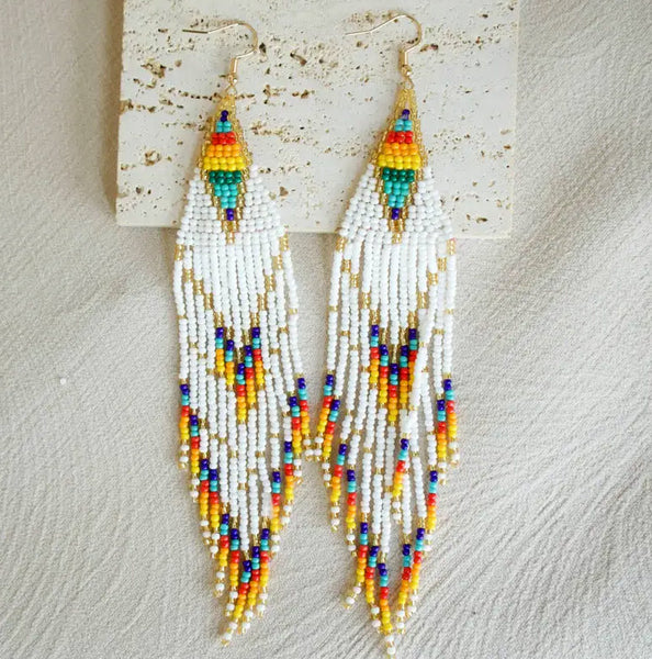 Boho-Chic White Beaded Long Tassel Earrings