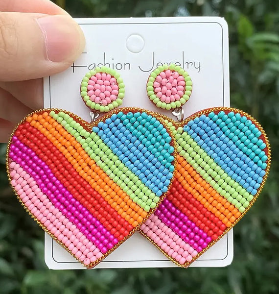 Rainbow Heart Seed Bead Earrings