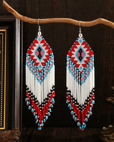 Boho-Chic Red & White Beaded Long Tassel Earrings