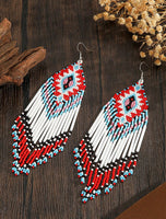 Boho-Chic Red & White Beaded Long Tassel Earrings