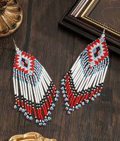 Boho-Chic Red & White Beaded Long Tassel Earrings