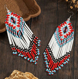 Boho-Chic Red & White Beaded Long Tassel Earrings