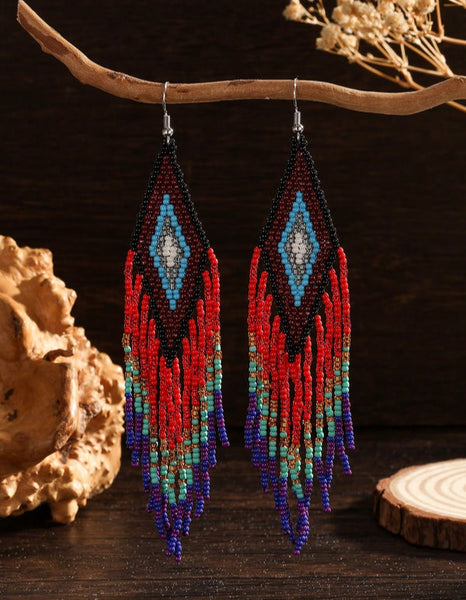 Boho-Chic Colorful Aztec Beaded Long Tassel Earrings