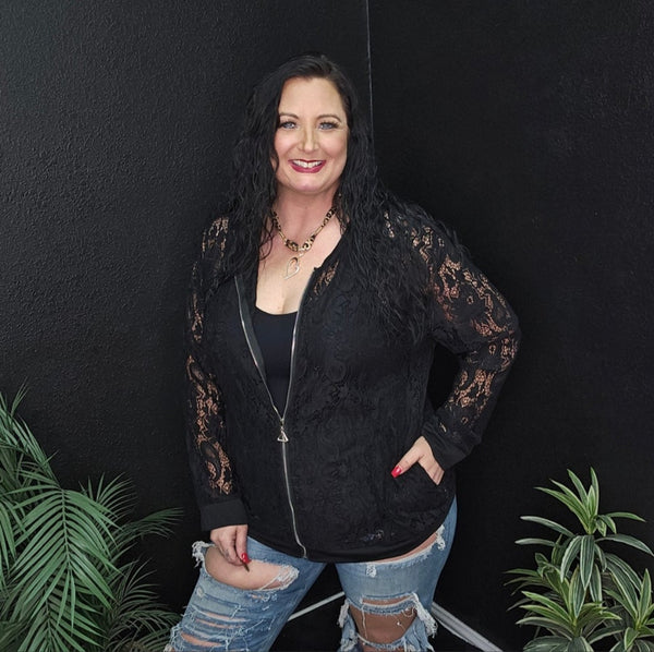 Rebel Raven - Black Sheer Lace Zip Up Jacket (Size 4XL Only)
