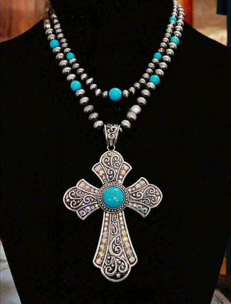 Western Oversized Cross Beaded Layered Necklace
