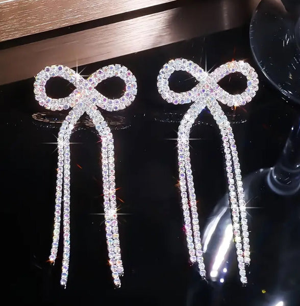 Rhinestone Tassel Bows Earrings (2 Color Choices)
