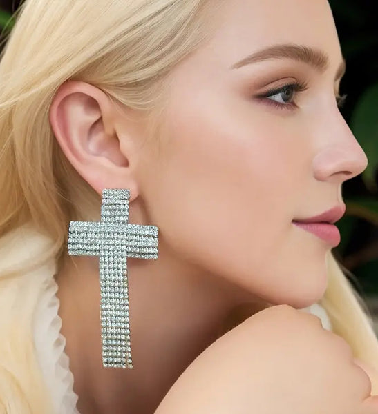 Rhinestone Tassel Cross Earrings (2 Color Choices)