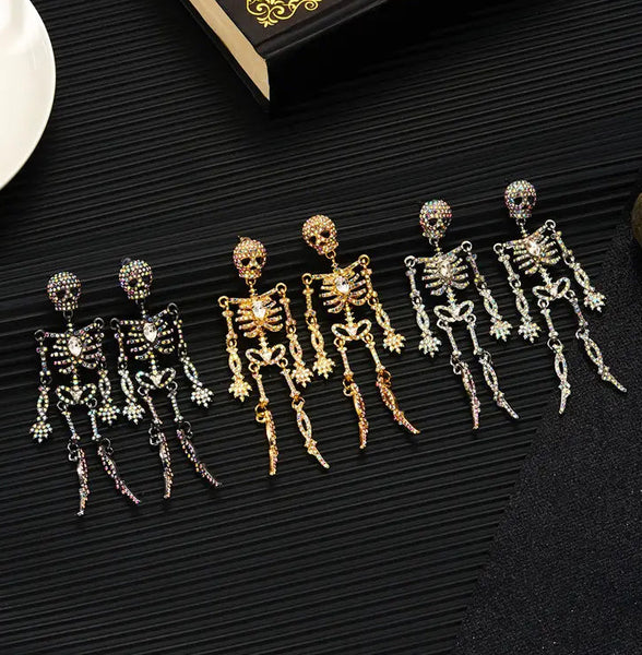 HALLOWEEN Big & Boujee Rhinestone Skeleton Dangle Earrings (3 Color Choices)