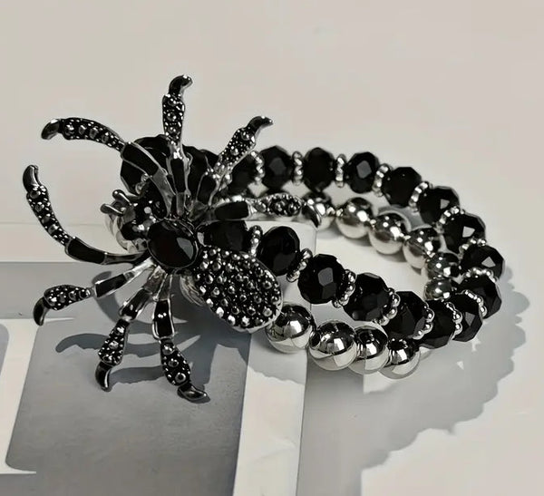 Halloween Beaded Spider Stretch Bracelet with Coordinating Earrings