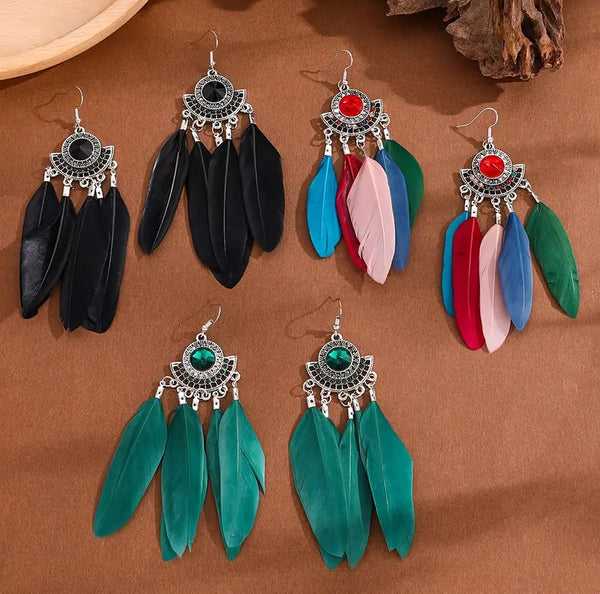 Boho Chic Medallions with Feather Tassels Earrings (3 Color Choices)