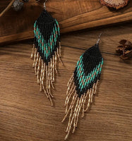 Boho-Chic Turquoise & Black Beaded Long Tassel Earrings