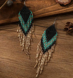 Boho-Chic Turquoise & Black Beaded Long Tassel Earrings