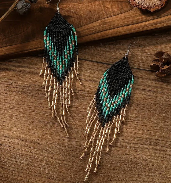 Boho-Chic Turquoise & Black Beaded Long Tassel Earrings