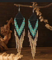 Boho-Chic Turquoise & Black Beaded Long Tassel Earrings