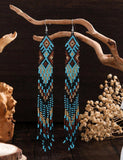 Boho-Chic Blue & Brown Aztec Beaded Long Tassel Earrings