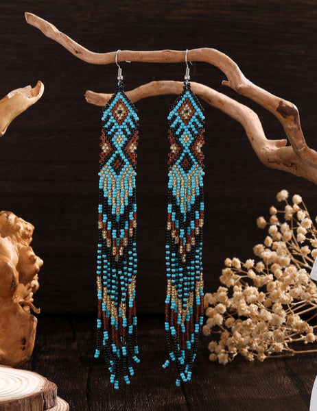 Boho-Chic Blue & Brown Aztec Beaded Long Tassel Earrings