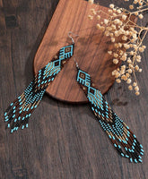 Boho-Chic Blue & Brown Aztec Beaded Long Tassel Earrings